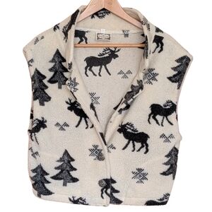 Sweet Pea Ivory & Black Fleece Vest with Moose Motif L Outdoor Cabincore Western